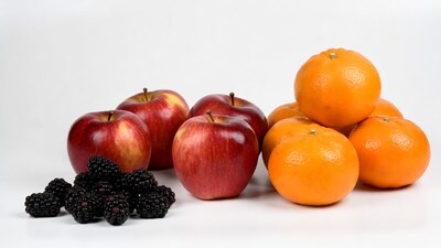 Red Apples Blackberries Oranges on White