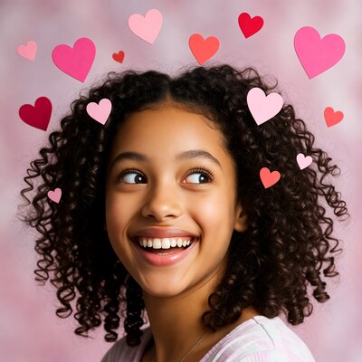 Happy Black girl with floating hearts