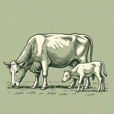 Cow nursing calf illustration