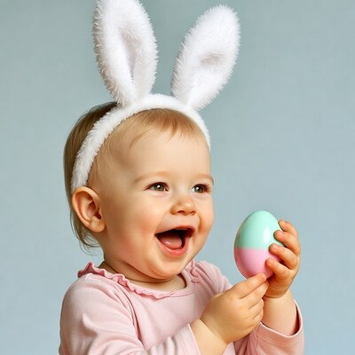 Baby girl with bunny ears holding Easter egg