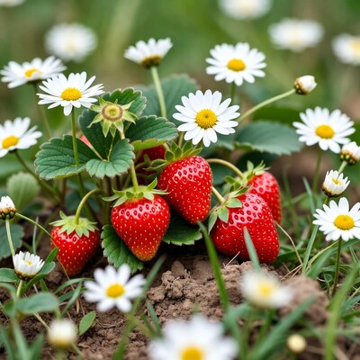 Strawberries with Daisies in Garden