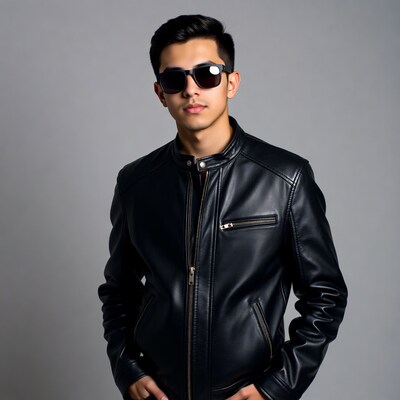 Asian man in black leather jacket