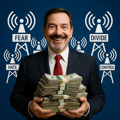 Smiling man holding cash with media control towers