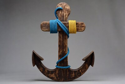 Wooden anchor with blue yellow ropes