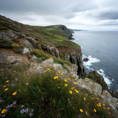 Cliff Edge with Yellow Flowers and Ocean