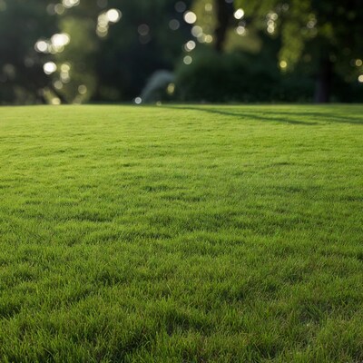 Lush green grass field with blurred trees