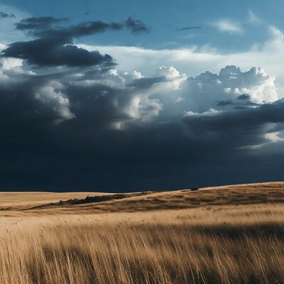 Dramatic Clouds over Golden Grass Field
