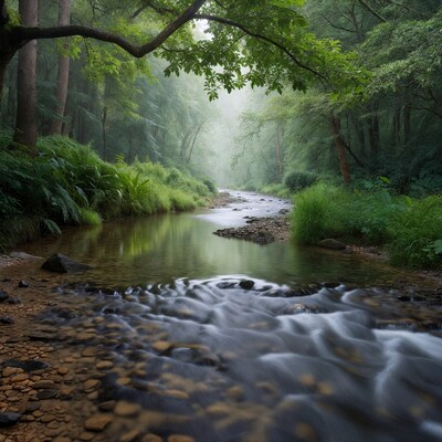 Forest Stream Flowing Over Rocks