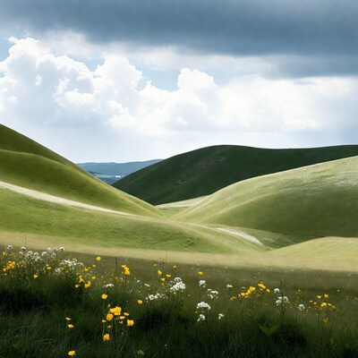 Green Rolling Hills with Wildflowers