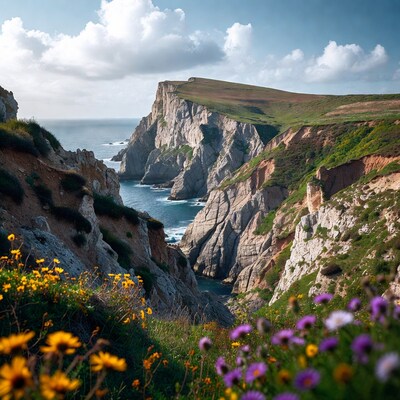 Cliff Coastline with Wildflowers and Ocean