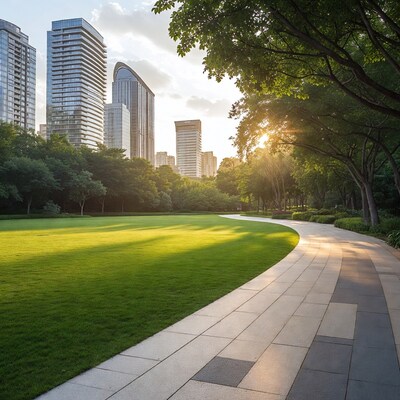 Curving Path in Park with Skyscrapers