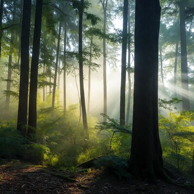 Sunbeams through misty forest trees