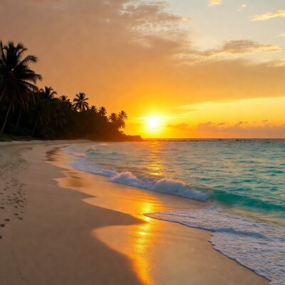 Tropical Beach Sunset with Palm Trees