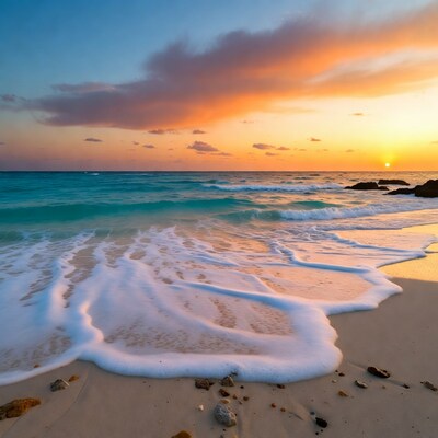 Sunset over turquoise beach waves