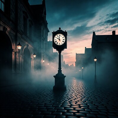 Street Clock in Foggy Cobblestone Alley
