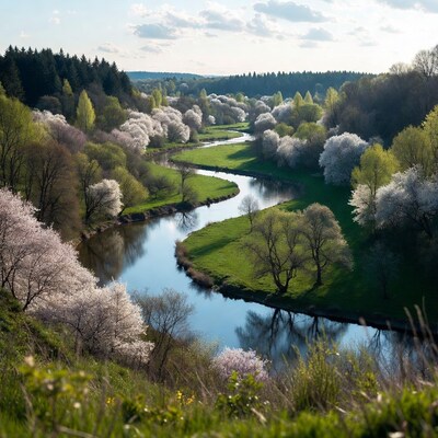 Cherry Blossom River Landscape