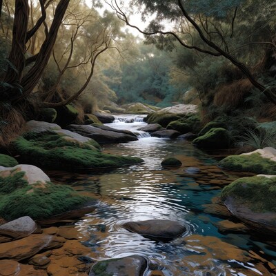 Forest Stream with Mossy Rocks