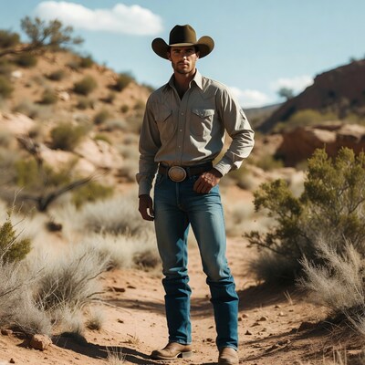 Cowboy standing in desert landscape