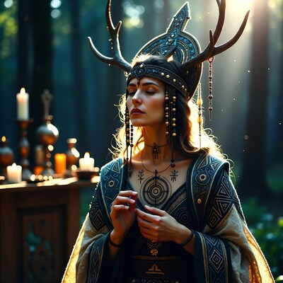 Woman in antler headdress in forest
