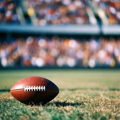 Football on Grass with Stadium Background