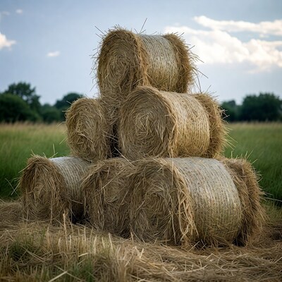 Stacked Hay Bales in Field