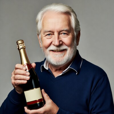 Elderly man holding champagne bottle