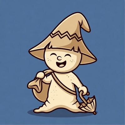 Cartoon boy wizard with sack and umbrella