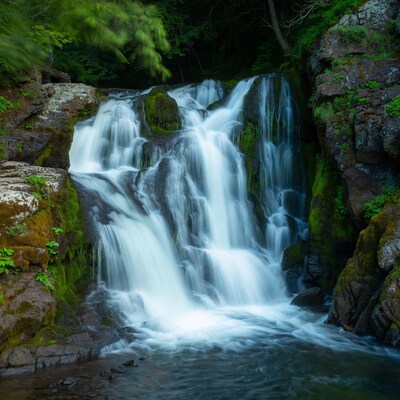 Mossy waterfall cascading in forest