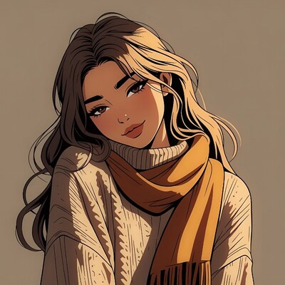Woman in sweater and orange scarf