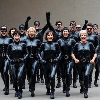 Group in black latex catsuits raising fists
