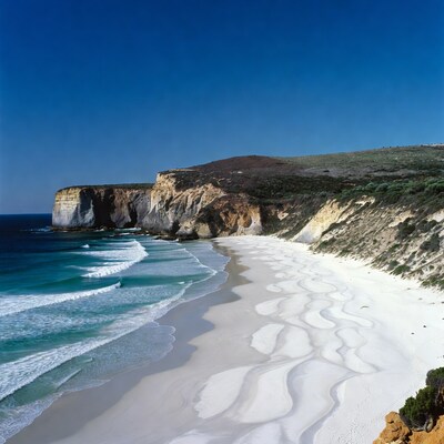 White sand beach with cliffs and ocean