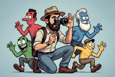Cartoon explorer photographing colorful aliens