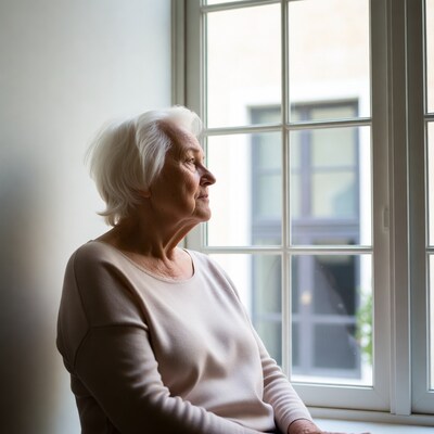 Elderly woman gazing out window