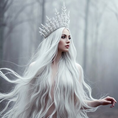 White-haired woman with crystal crown