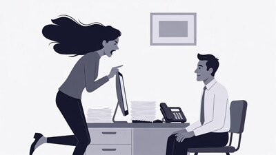 Angry woman yelling at man in office