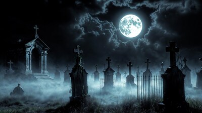 Moonlit Cemetery with Mausoleum and Tombstones