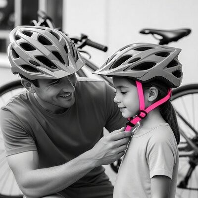 Father adjusting daughter's bike helmet