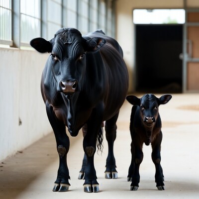 Black cow and calf in barn