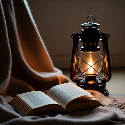 Open book by lit lantern