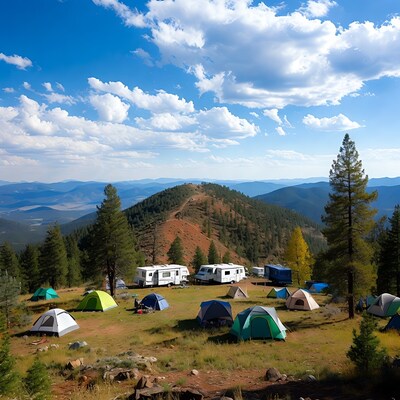 Campground with tents and RVs in mountains