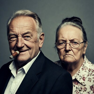 Elderly man smoking cigar with woman