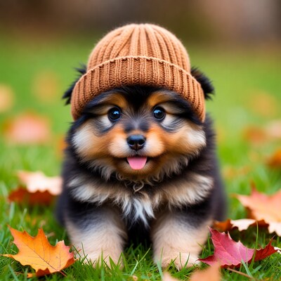 Pomeranian puppy in knit hat with fall leaves