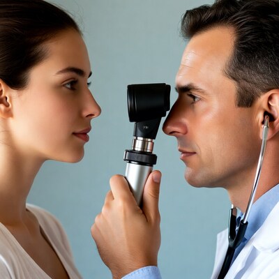 Doctor examining woman's eyes with ophthalmoscope