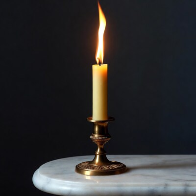 Burning Candle in Brass Holder