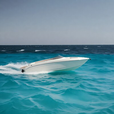 White speedboat racing turquoise ocean