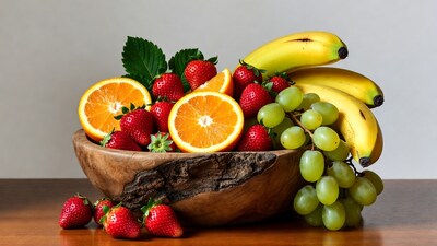 Fruit Bowl with Strawberries Oranges Bananas Grapes