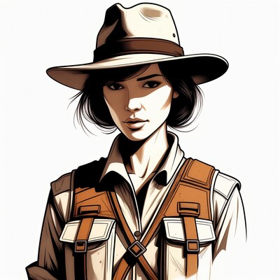 Asian woman in fedora and safari vest