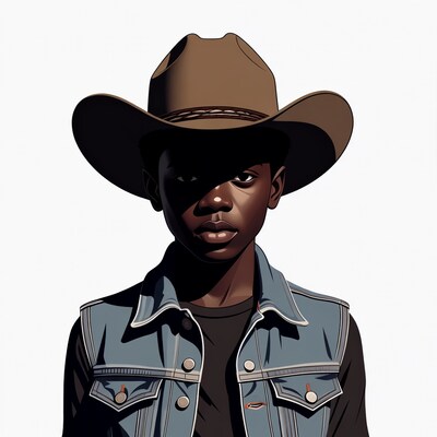 African boy in cowboy hat and denim vest