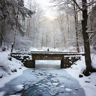 Man standing on snowy stone bridge