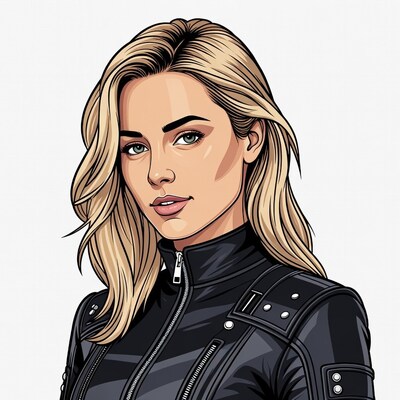 Blonde woman in black leather jacket